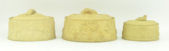 THREE VICTORIAN CANEWARE COPELAND LIDDED GAME DISHES OF GRADUATING FORM