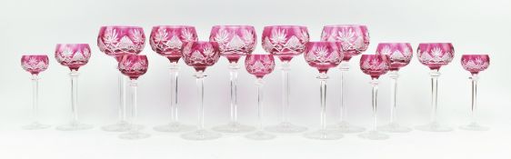 COLLECTION OF 20TH CENTURY BOHEMIAN CRANBERRY FLASH CUT WINE & CORDIAL GLASSES