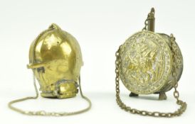 19TH CENTURY BRASS SYRIAN POWDER FLASK & ANOTHER