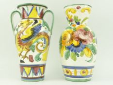 TWO VINTAGE ITALIAN MAJOLICA SGRAFFITO HAND PAINTED CERAMIC FLOWER VASES