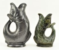 TWO VINTAGE CERAMIC GLUGGLE JUGS IN MATTE BLACK & MARBLED BLACK & GREEN