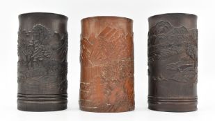 THREE 20TH CENTURY CHINESE BAMBOO WOODEN BITONG BRUSH POTS