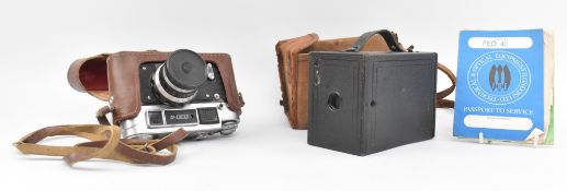 VINTAGE CAMERAS. COLLECTION OF ACCESSORIES, A FED SOVIET CAMERA & KODAK BROWNIE