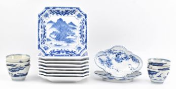 GROUP OF SIXTEEN 20TH CENTURY JAPANESE BLUE & WHITE CERAMIC PART DINNER SERVICES