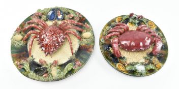 TWO PORTUGUESE PALISSY WARE HAND PAINTED CERAMIC CRAB CHARGERS
