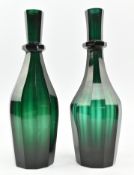 PAIR OF 19TH CENTURY CIRCA 1865 FACETED GREEN GLASS DECANTERS