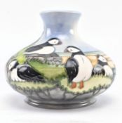 MOORCROFT - PUFFIN VASE - 1997 TUBELINED BULBOUS VASE WITH PUFFINS