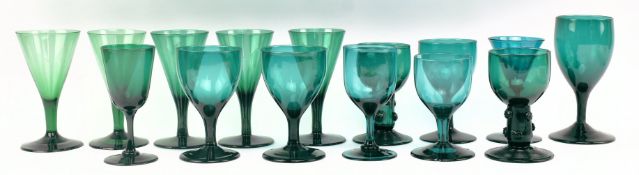 COLLECTION OF GEORGE III & LATER HAND BLOWN GREEN WINE GLASSES