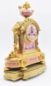 FRENCH 19TH CENTURY GILT METAL & PINK ENAMEL 8-DAY MANTEL CLOCK