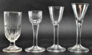 FOUR 18TH CENTURY & LATER DRINKING GLASSES INCL. AN ENGRAVED EXAMPLE