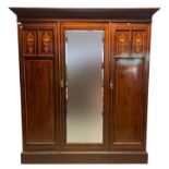 EDWARDIAN MAHOGANY & BOXWOOD INLAID TRIPLE COMPACTUM WARDROBE