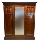 EDWARDIAN MAHOGANY & BOXWOOD INLAID TRIPLE COMPACTUM WARDROBE