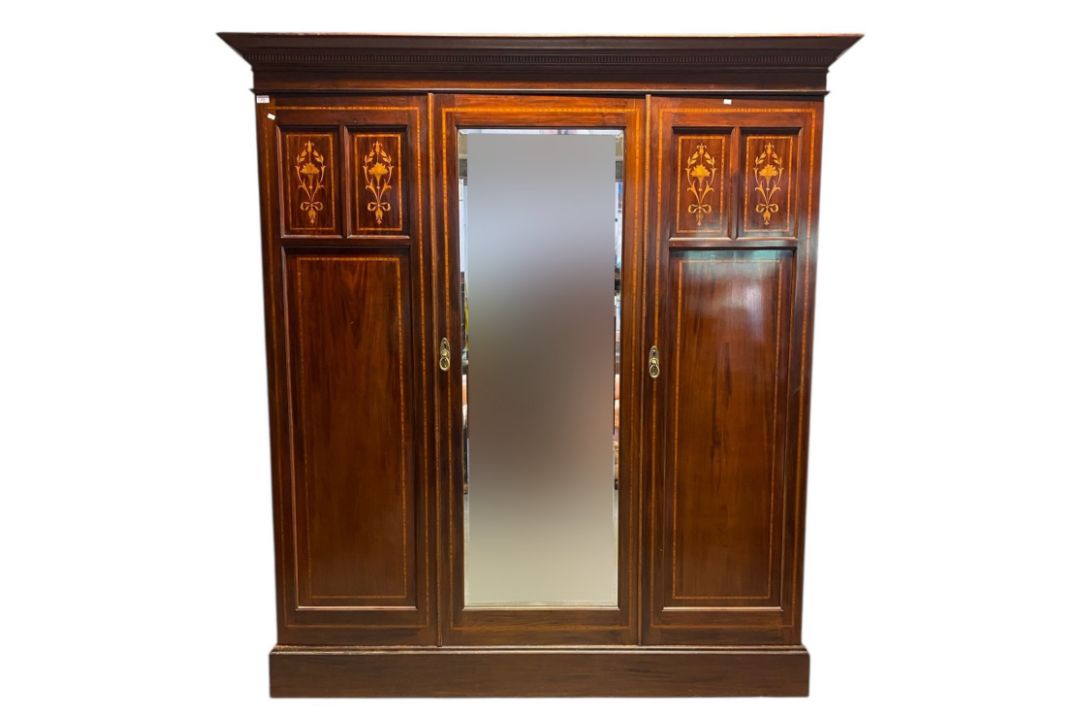 EDWARDIAN MAHOGANY & BOXWOOD INLAID TRIPLE COMPACTUM WARDROBE - Image 1 of 6