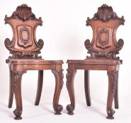 PAIR 19TH CENTURY VICTORIAN CARVED MAHOGANY HALL CHAIRS WITH SHELL DECORATIVE BACK