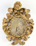 BAROQUE INSPIRED 19TH CENTURY GILTWOOD & GESSO FRAMED EMBROIDERY