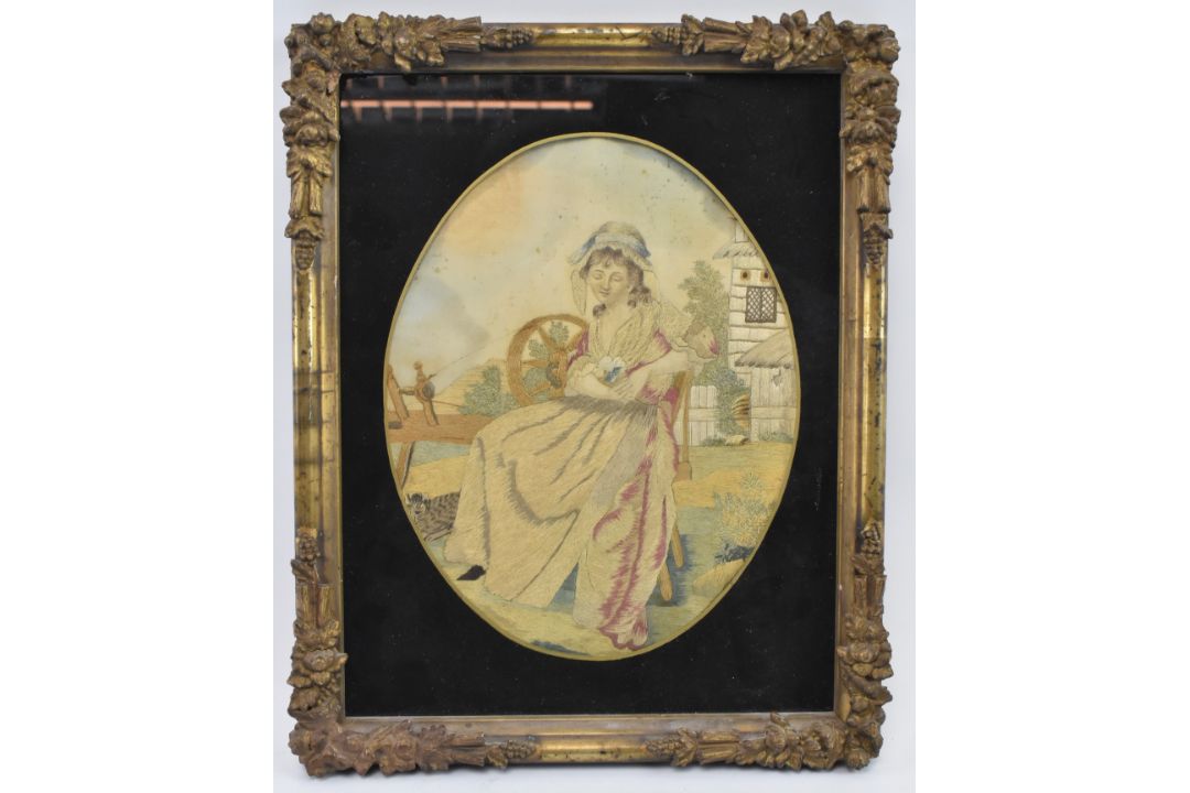 PAIR OF GEORGE III 19TH CENTURY SILK & WATERCOLOUR OVAL PORTRAITS - Image 4 of 7