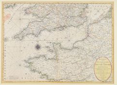 FRANCE & UK. 1780 BOWLE'S NEW TOPOGRAPHICAL CHART OF THE ENGLISH CHANNEL HAND COLOURED ENGRAVED MAP