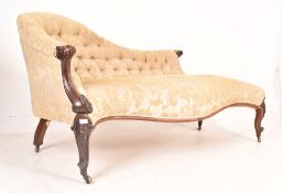 19THC ENTURY CARVED MAHOGANY & DAMASK UPHOLSTERY CHAISE LOUNGE