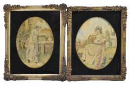PAIR OF GEORGE III 19TH CENTURY SILK & WATERCOLOUR OVAL PORTRAITS