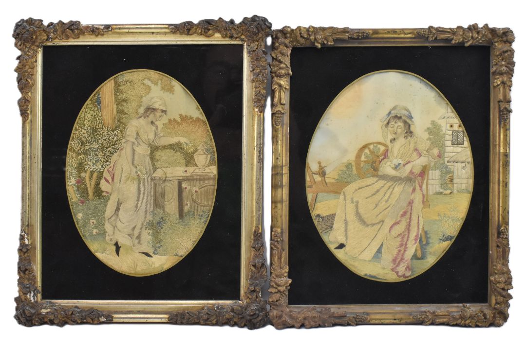PAIR OF GEORGE III 19TH CENTURY SILK & WATERCOLOUR OVAL PORTRAITS - Image 1 of 7