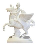 CONTEMPORARY CARVED POLISH WHITE MARBLE FIGURE OF PEGASUS & RIDER