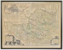 SOMERSET. EMMANUEL BOWEN'S IMPROVED MAP OF THE COUNTY OF SOMERSET, HAND COLOURED & FRAMED
