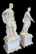 LARGE PAIR OF LATE 20TH CENTURY CARVED CARRARA MARBLE ROMAN FIGURES