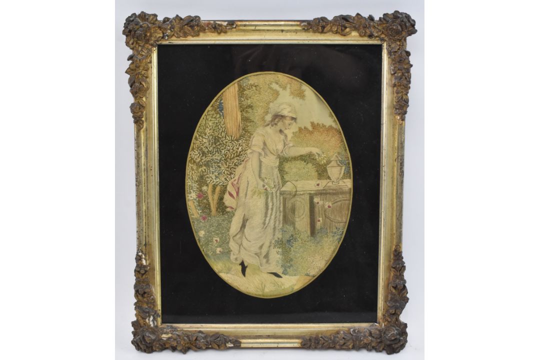 PAIR OF GEORGE III 19TH CENTURY SILK & WATERCOLOUR OVAL PORTRAITS - Image 2 of 7