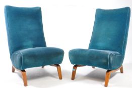 BRITISH MODERN DESIGN - PAIR OF MID CENTURY BLUE VELOUR CHAIRS