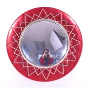 MID CENTURY VINTAGE CIRCULAR WALL HANGING MIRROR WITH RED METAL BASE