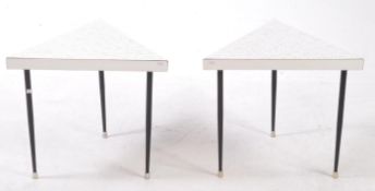 REMPLOY FURNITURE- PAIR OF MID CENTURY TRIANGULAR SIDE TABLES