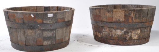 TWO 19TH CENTURY VICTORIAN OAK WOOD BARREL GARDEN PLANTERS