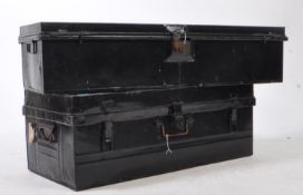 TWO VINTAGE 20TH CENTURY BLACK METAL TRAVEL TRUNKS