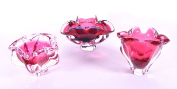 THREE LATE 20TH CENTURY BOHEMIAN CRANBERRY GLASS BOWLS