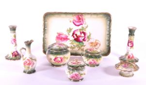 COLLECTION OF 19TH CENTURY CERAMIC GREEN AND PINK BEAUTY SET PIECES