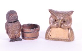 LATE 19TH CENTURY OWL NODDER WITH ART DECO BRASS OWL PIN CUSHION