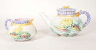 SAMUEL LEAR MAJOLICA 19TH CENTURY TEAPOT & MILK JUG