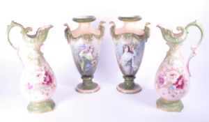 TWO PAIRS OF EARLY 20TH CENTURY CONTINENTAL POTTERY VASES AND JUGS