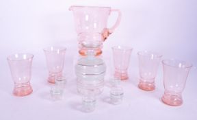 MID CENTURY PINK GLASS LEMONADE SET WITH ART DECO STYLE DECANTER SET