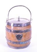 EARLY 20TH CENTURY SILVER PLATE OAK BISCUIT BARREL