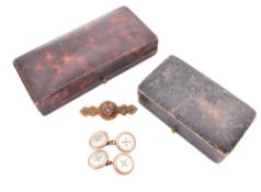 9CT GOLD & PEARL LOCKET BROOCH PIN & 9CT GOLD BOUND MOTHER OF PEARL CUFFLINKS