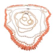 COLLECTION OF PEARL NECKLACES & CORAL NECKLACE
