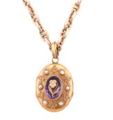 19TH CENTURY FRENCH GOLD & AMETHYST PEARL LOCKET ON CHAIN