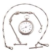 SILVER ENGRAVED POCKET WATCH & TWO SILVER WATCH CHAINS