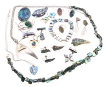 COLLECTION OF VINTAGE WHITE METAL SILVER PAUA ABALONE JEWELLERY