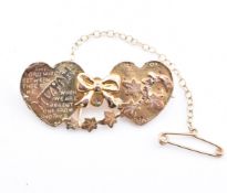 9CT GOLD MIZPAH DOUBLE HEART BROOCH PIN