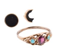 19TH CENTURY GOLD & GEM SET RING & PAIR OF 9CT GOLD & ONYX STUD EARRINGS