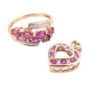 HALLMARKED 9Ct GOLD RUBY & DIAMOND RING & HEART PENDANT