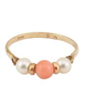 HALLMARKED 9CT GOLD CORAL & CULTURED PEARL RING