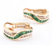 14CT GOLD EMERALD & DIAMOND HALF HOOP EARRINGS